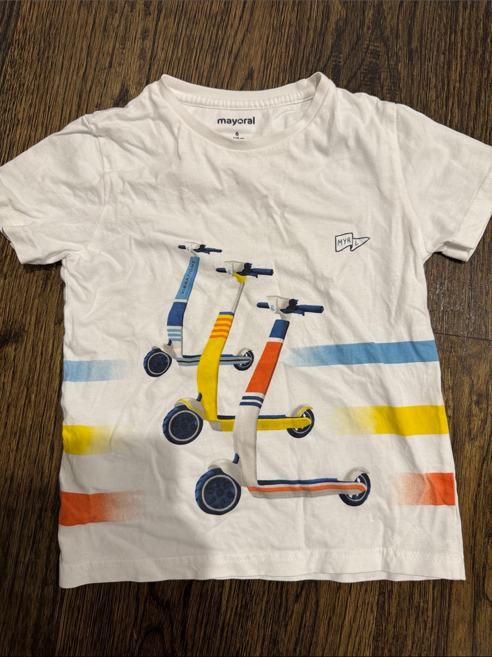 Mayoral White Tee with Blue Yellow Orange Scooter Print and Orange Shorts - Picture 3 of 6